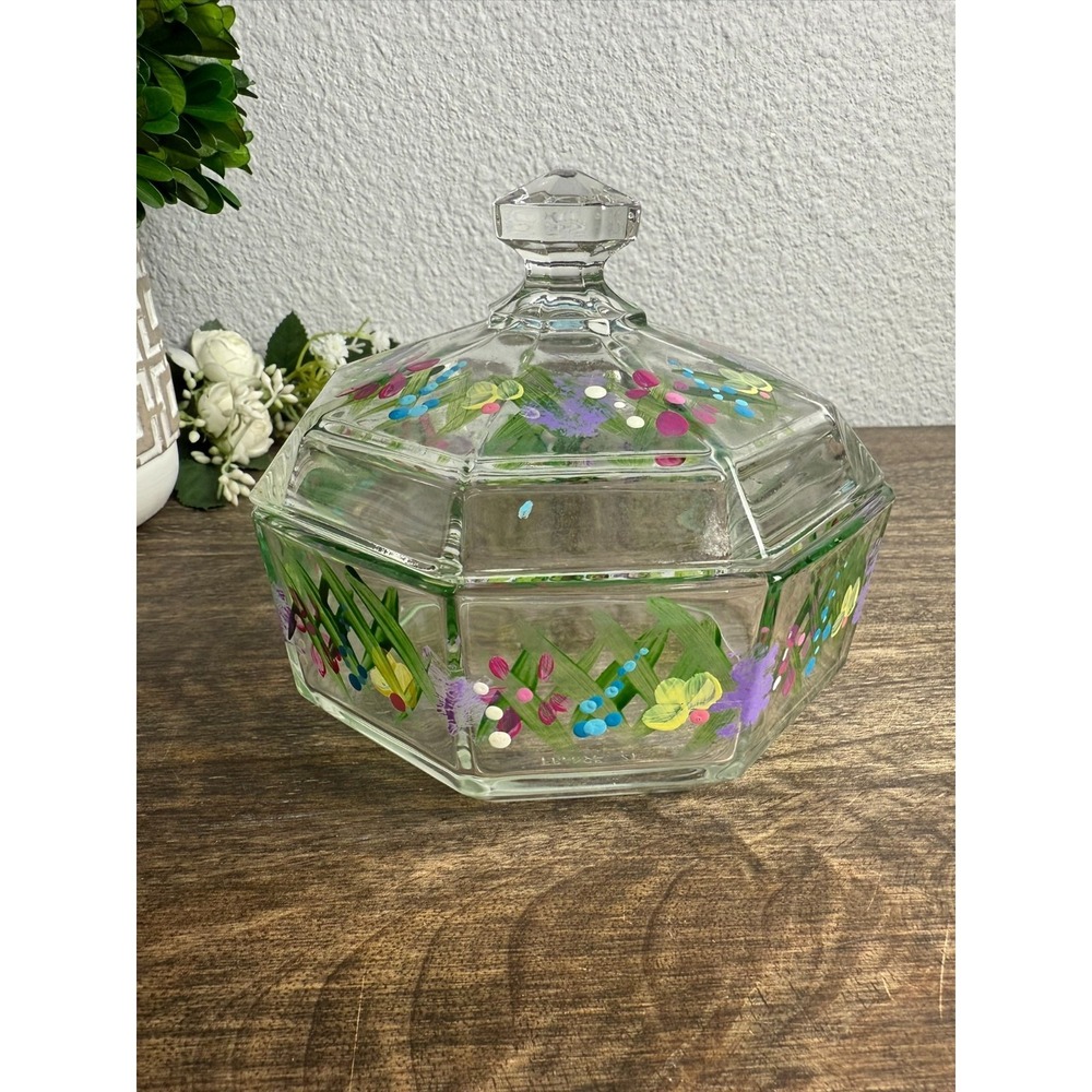 Vintage Arcoroc France Candy Dish - Hand Painted Floral Glass Cottagecore w/ Lid
